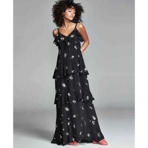 ALC Zaydena Ruffle Tiered Floral‎ Silk Maxi Sleeveless Dress Black 6